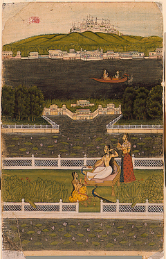 A beautiful woman on a lake terrace by Anonymous