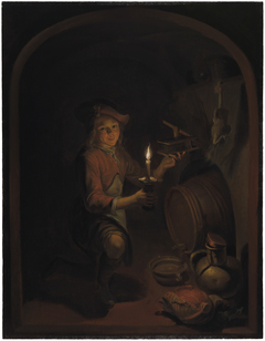 A Boy with a Mousetrap by Candlelight by Gerrit Dou