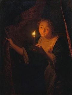 A Girl with a Candle Drawing aside a Curtain by Godfried Schalcken