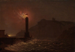 A lighthouse on fire at night