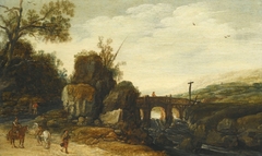 A Rocky Landscape with a Bridge over a River, Figures on a Path and on Horseback in the Foreground