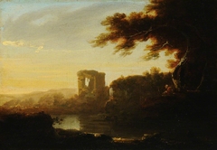 An Italianate Landscape with a Figure seated by a River and a Ruin beyond