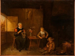 An Old Woman Twisting Threads and Two Children in the Room by Quirijn van Brekelenkam