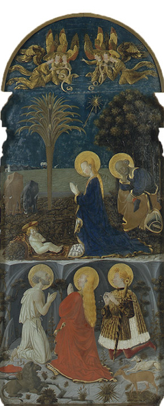 Anbetung des Kindes vor nächtlicher Landschaft mit den Heiligen Hieronymus, Magdalena und Eustachius