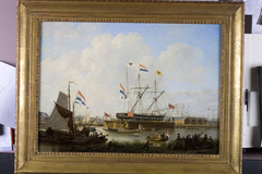 Bezoek van koning Willem II aan het eerste drijvende droogdok te Amsterdam, 1843 by Hendrik Vettewinkel