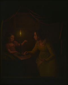 Binnenhuis met moeder en kind bij kaarslicht by Michiel Versteegh