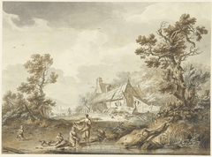 Boerderij met op de voorgrond wassende vrouwen by Hendrik Meijer