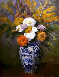 Dahlias in a Delft vase