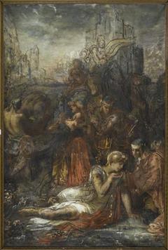 Darius, Fleeing after the battle of Arbela, Stops, Exhausted, to Drink from a Pond by Gustave Moreau