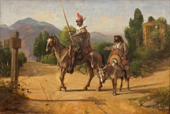 Don Quixote and Sancho Panza at a crossroad