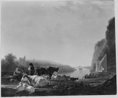 Dutch River landscape with cows by Jacob van Strij