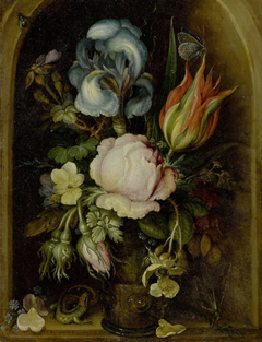 Flower bouquet in a glass vase in a niche with a lizard and a dragonfly, 1612