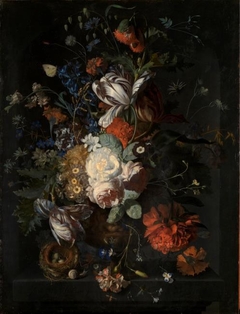 Flowerpiece in a niche with a bird nest and a snail by Jan van Huysum