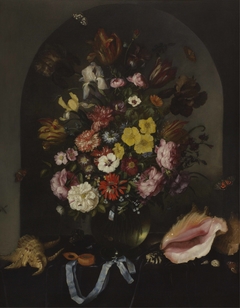 Flowers in a vase, shells and a watch