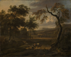 Hügellandschaft mit großen Bäumen im Abendlicht by Jan Wijnants