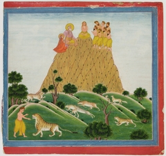 Illustrations to Life of Dhurva Maharaj: #23 Dhurva sits on the golden mountain in concentration and meets his parents and the 7 Rishis by Anonymous