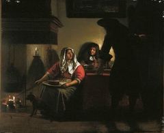 Interior with Two Gentleman and a Woman Beside a Fire by Pieter de Hooch