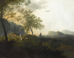 Italianate mountainous landscape with hunters resting