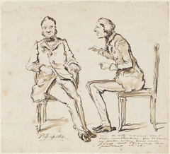 Karikaturale scène van een jonge man die bij een oudere man geld tracht los te peuteren by Pieter van Loon