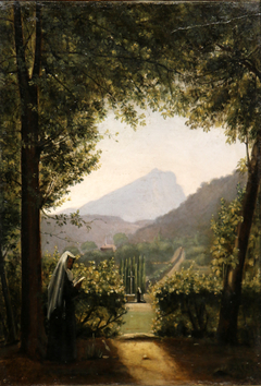 La montagne Sainte Victoire à Aix vue du jardin d'un monastère. by François Marius Granet