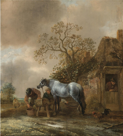 Landscape with Peasants Feeding a Horse before a Cottage