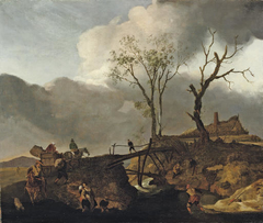 Landscape with stream and wooden bridge