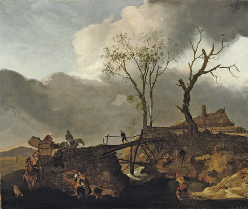 Landscape with stream and wooden bridge