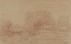 Landschap met grazende en drinkende koeien en een toekijkende stier by Charles-François Daubigny