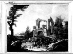 Landschap met klassieke ruïnes en de geheime vlucht van Jacob en zijn familie uit Laban by anonymous painter