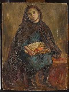Little girl with a basket of apples on her knees by Tadeusz Makowski