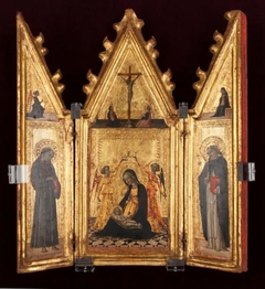 Madonna of Humility Crowned by Two Angels, Saints Francis and Dominic, Annunciation and Crucifixion - Vecchietta (Lorenzo di Pietro) - ABDAG004571 by Vecchietta