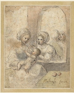 Maria met kind en drie andere figuren by Unknown Artist