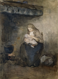 Moeder zoogt haar kind bij de haard by Albert Neuhuys