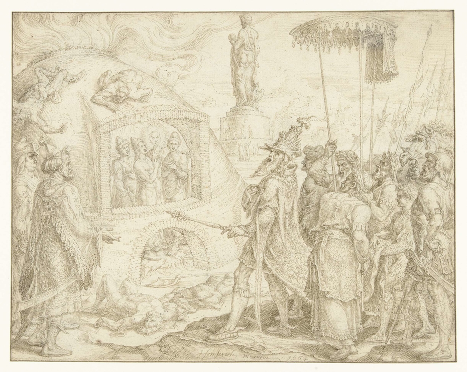 Nebukadnezar in verwondering over de aanwezigheid van vier jongelingen in de vurige oven