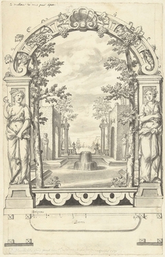 Ontwerp voor een decoratief paneel met uitzicht op een tuin tussen standbeelden door by Daniël Marot II