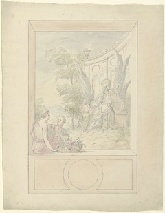 Ontwerp voor een kamerbeschildering met vrouwen zittend in een nis en staande bij een tombe