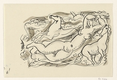 Ontwerp voor een vignet: naakte vrouw en twee paard met de zee op de achtergrond by Leo Gestel