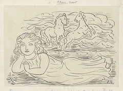 Ontwerp voor een vignet voor het maandblad voor Beeldende Kunsten: liggende vrouw en twee springend paarden by Leo Gestel