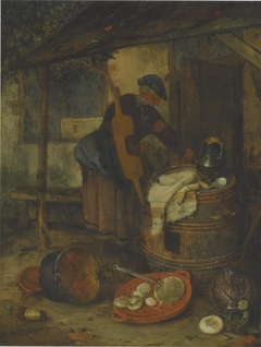 Outdoor still life of kitchen utensils with a woman by a doorway