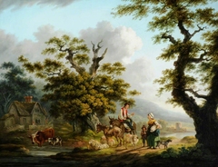 Pastoral Scene with a Herdsman and his Animals talking to a Mother and Child on a Road by Peter le Cave
