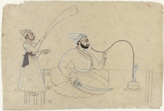 Portret van Ajmat Dev van Mankot, een hookah (waterpijp) rokend, achter hem een bediende met een waaier by Unknown Artist