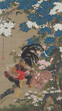 Rooster and Hen with Hydrangeas