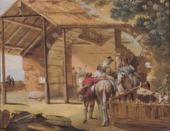 Scene with women on horseback in a cottage by Giuseppe Bernardino Bison