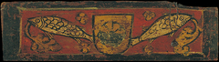Small coffered ceiling panel with coat of arms and fishes devouring plant motifs