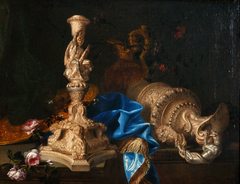 Still life with candlestick of the "Labours of Hercules" series and two ewers