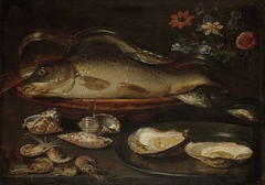 Still life with fish, oysters and shrimps by Clara Peeters