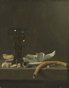 Still life with roemer, clay pipe and a lit taper on a ledge