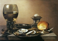 Still life with roemer, oysters, salt cellar and bread