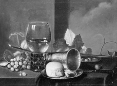Stone Table with Glass, Cake and Fruit