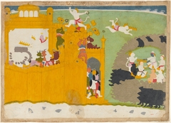 The Monkey Leader Angada Steals Ravana's Crown from His Fortress: Folio from the Siege of Lanka series by Manaku
